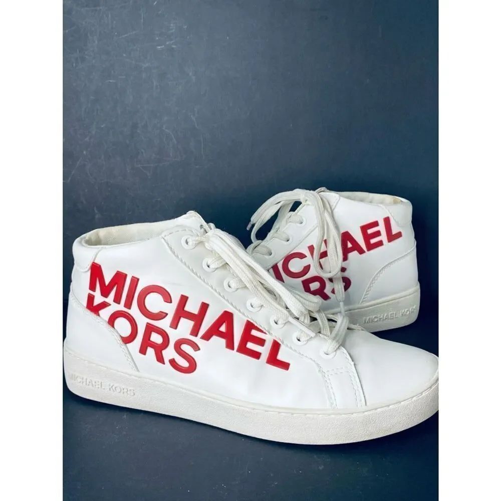 🛍️Michael Kors White Sneakers with Red Logo Mid-High-Tops - Picture 12 of 16